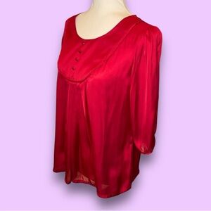 🍓Strawberry Red Satin Bib Blouse w/pleats & buttons, Sz L